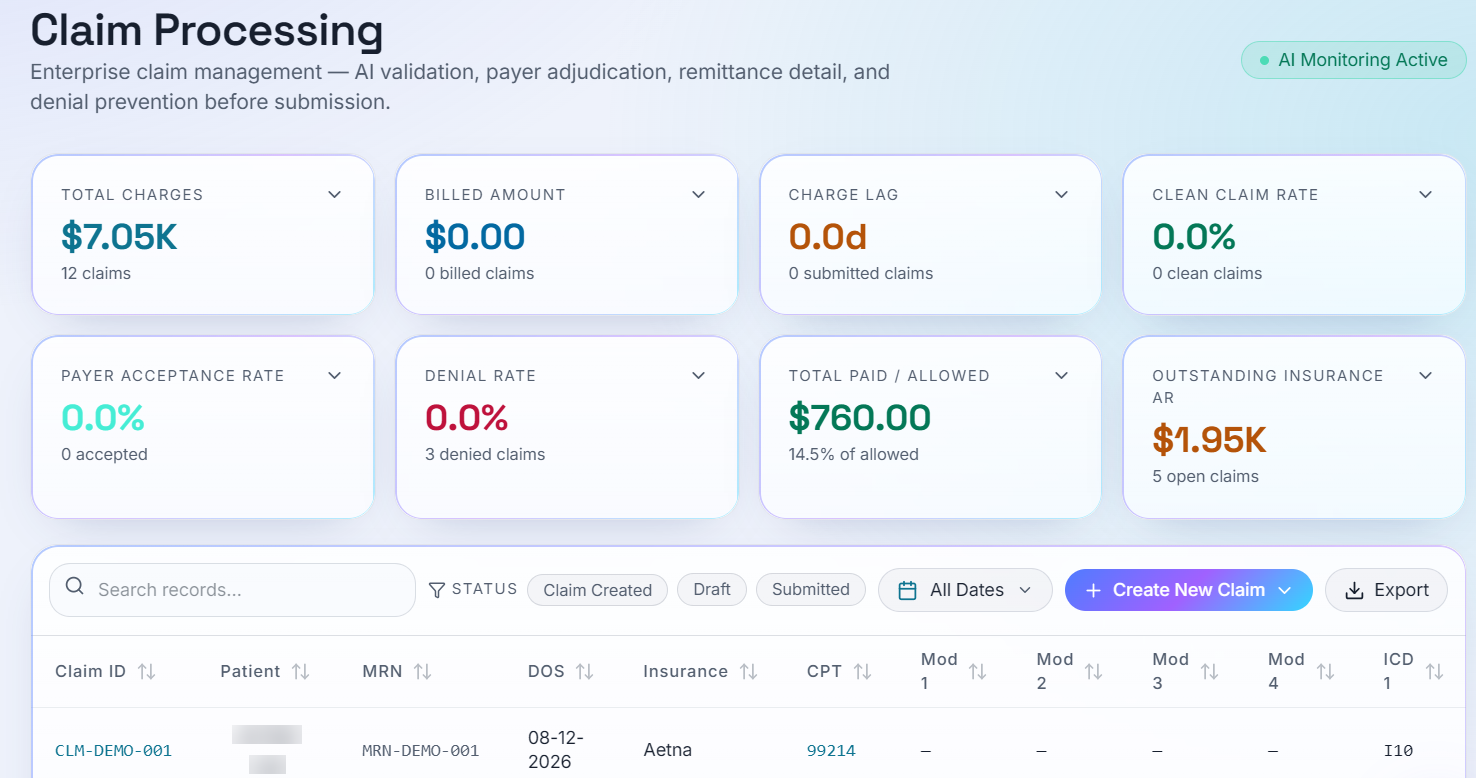 RCMIQ claim processing with AI validation