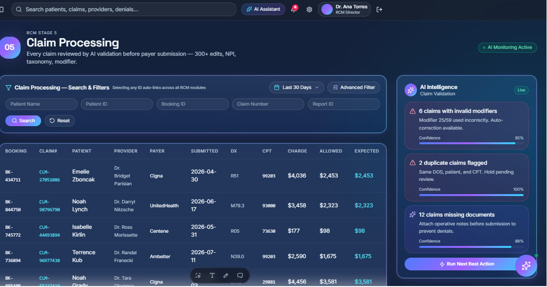RCMIQ claim processing with AI validation