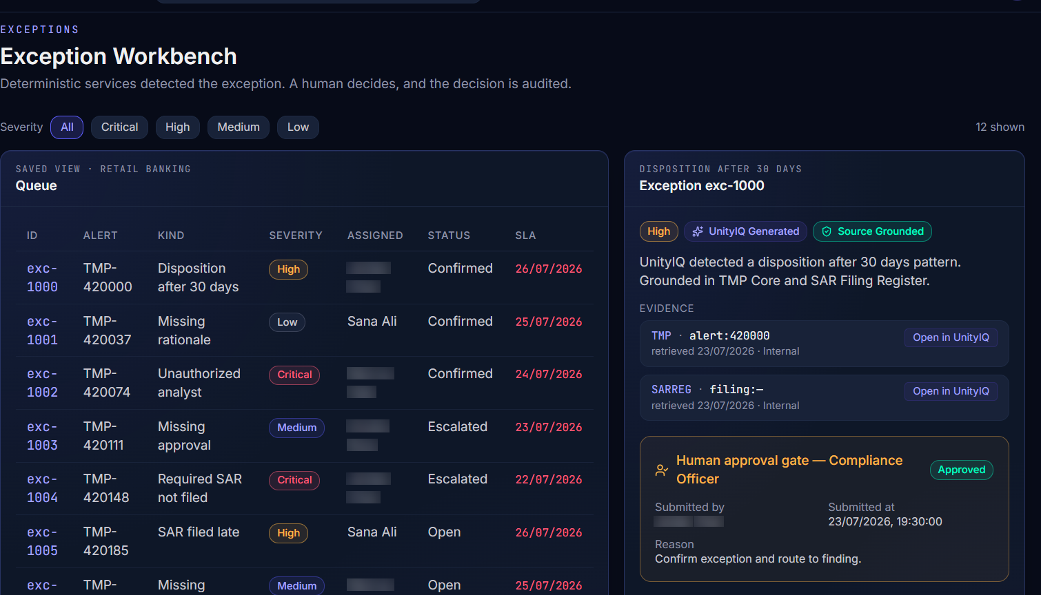 Exception workbench queue with disposition and approval gate