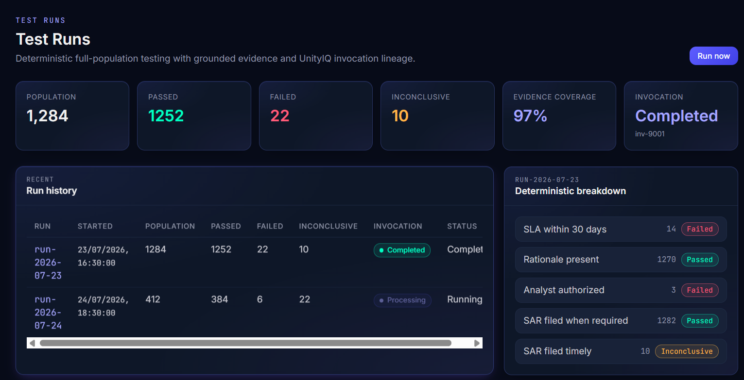 Test runs with deterministic breakdown and invocation lineage