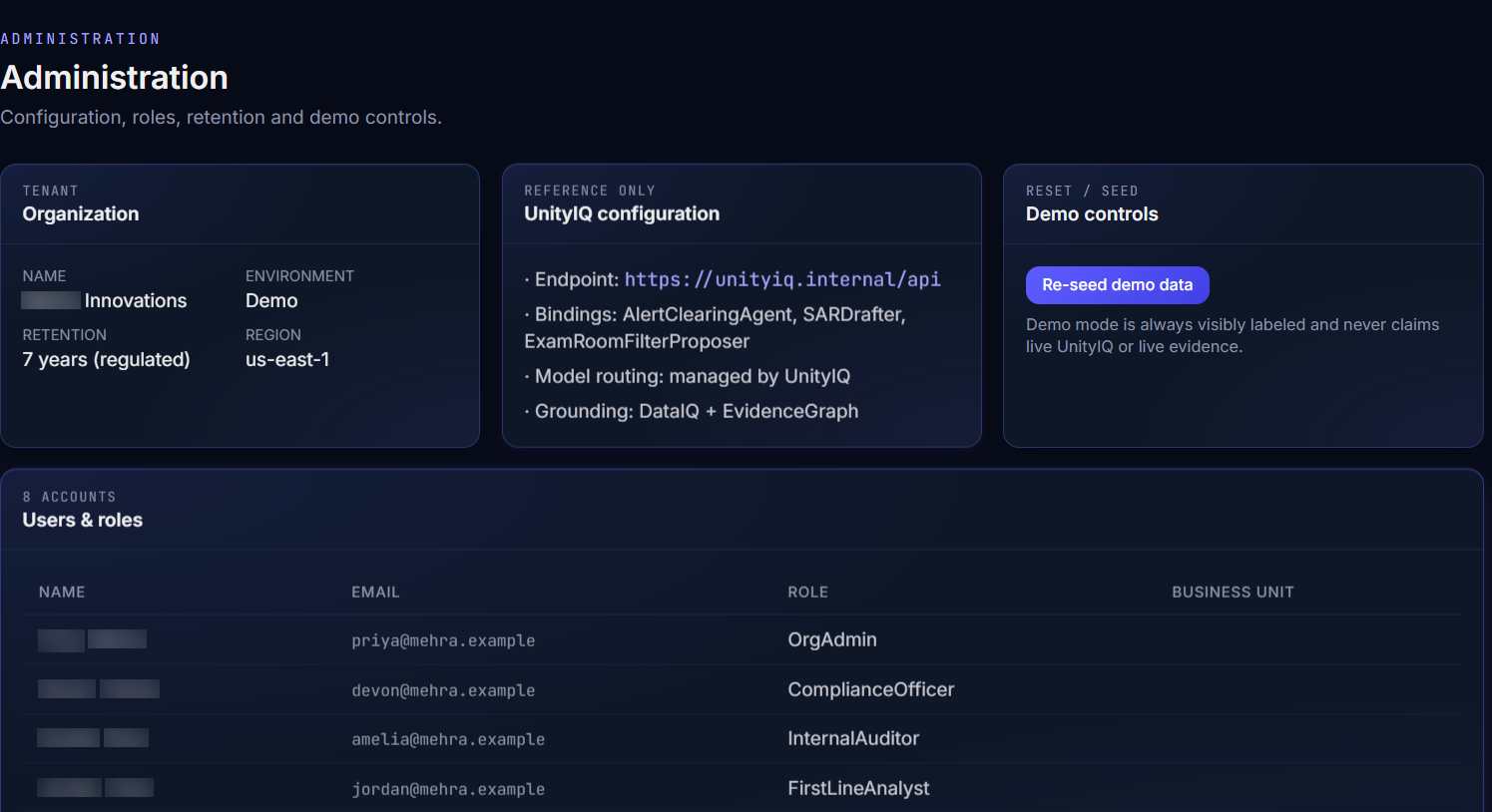 Risk & Compliance IQ platform administration, roles and configuration