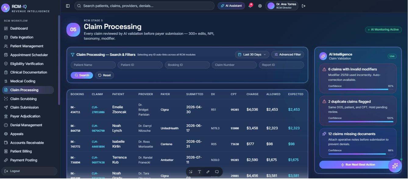 RCMIQ claim processing with AI validation